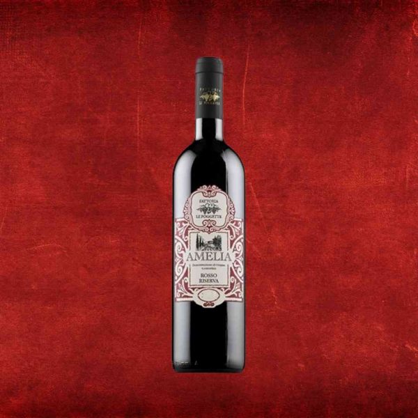 Bottiglia di vino rosso Amelia DOC Le Poggette su fondo rosso