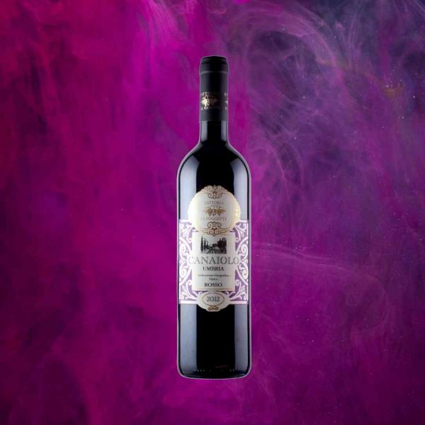Bottiglia di vino Canaiolo Umbria IGT della Cantina Le Poggette su fondo violaceo
