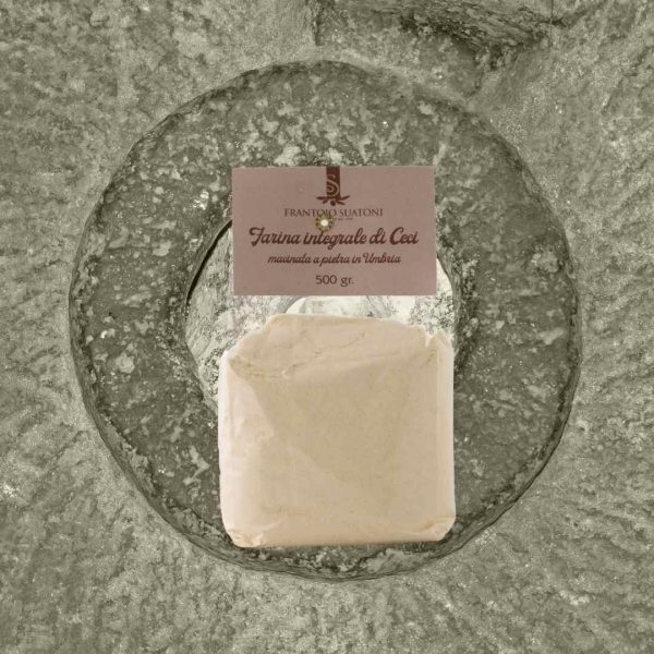 Sacchetto di farina integrale di ceci macinata a pietra in Umbria dal Frantoio Suatoni con fondo macina