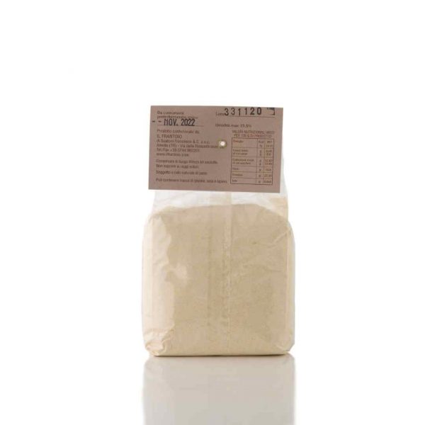 Retro del sacchetto di farina integrale di ceci macinata a pietra in Umbria dal Frantoio Suatoni