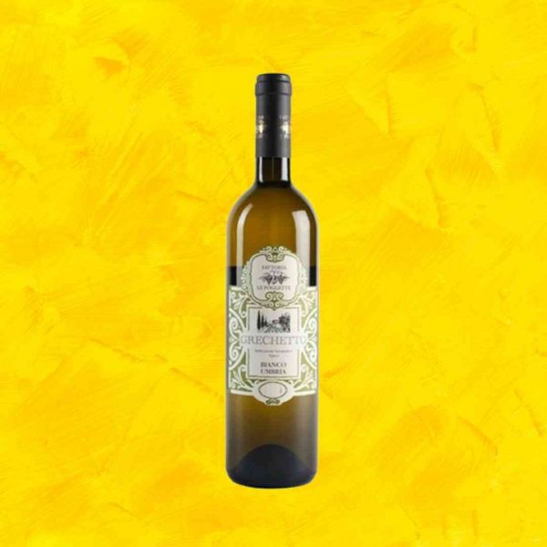 Bottiglia di vino Grechetto Umbria IGT Le Poggete su fondo giallo
