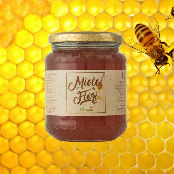 Barattolo di miele millefiori umbro da un kilogrammo del Frantoio Suatoni con fondo alveare e api