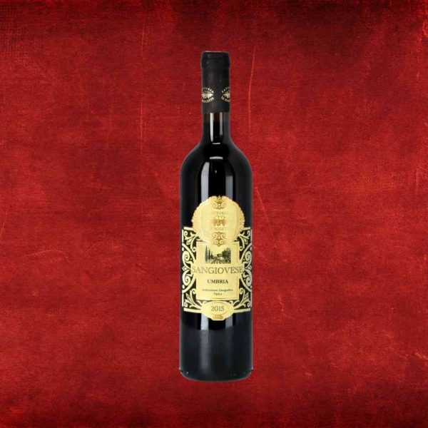 Bottiglia di vino Sangiovese Riserva della Cantina Le Poggette su fondo rosso