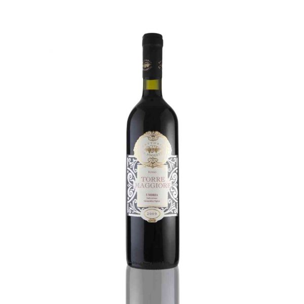 Bottiglia di vino rosso Torre Maggiore Umbria IGT della cantina Le Poggette su fondo bianco con ombra