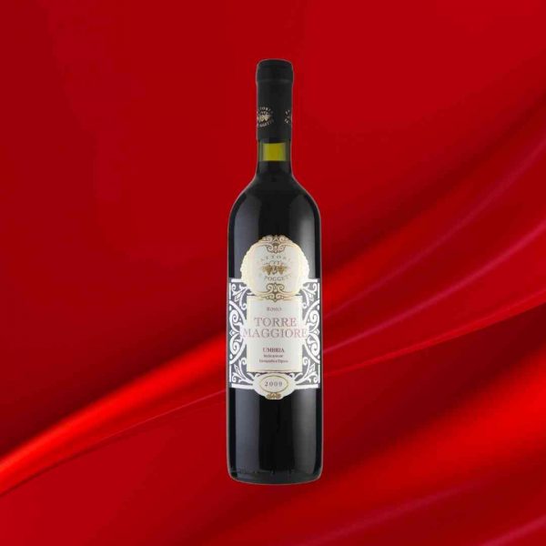 Bottiglia di vino rosso Torre Maggiore Umbria IGT della cantina Le Poggette su fondo rosso
