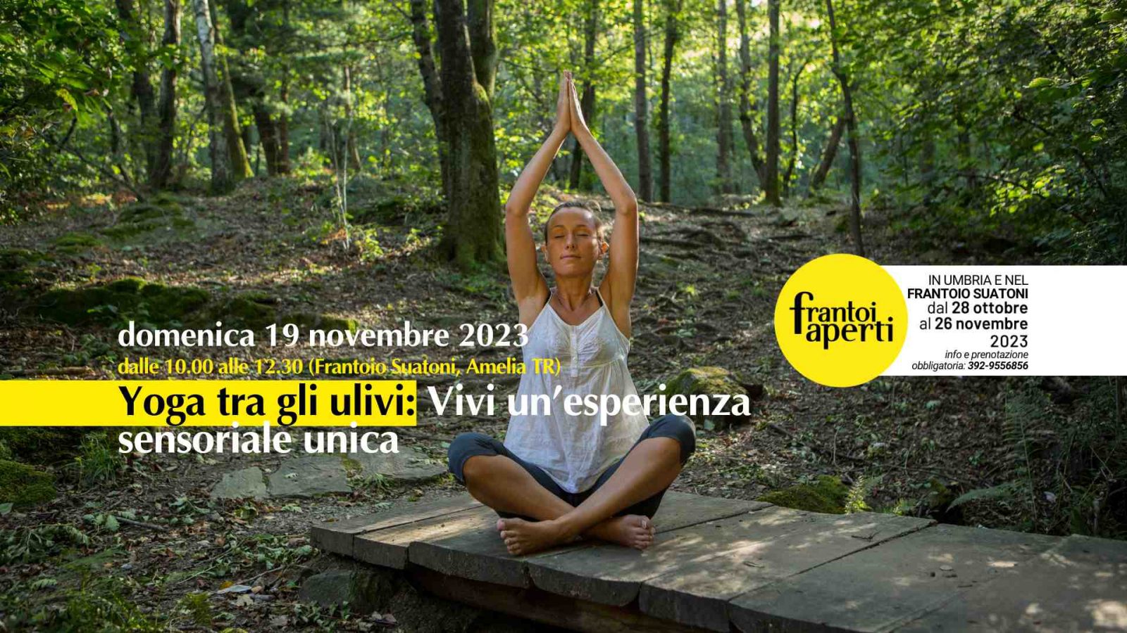 Donna che fa yoga in un bosco durante evento Frantoi Aperti in Umbria